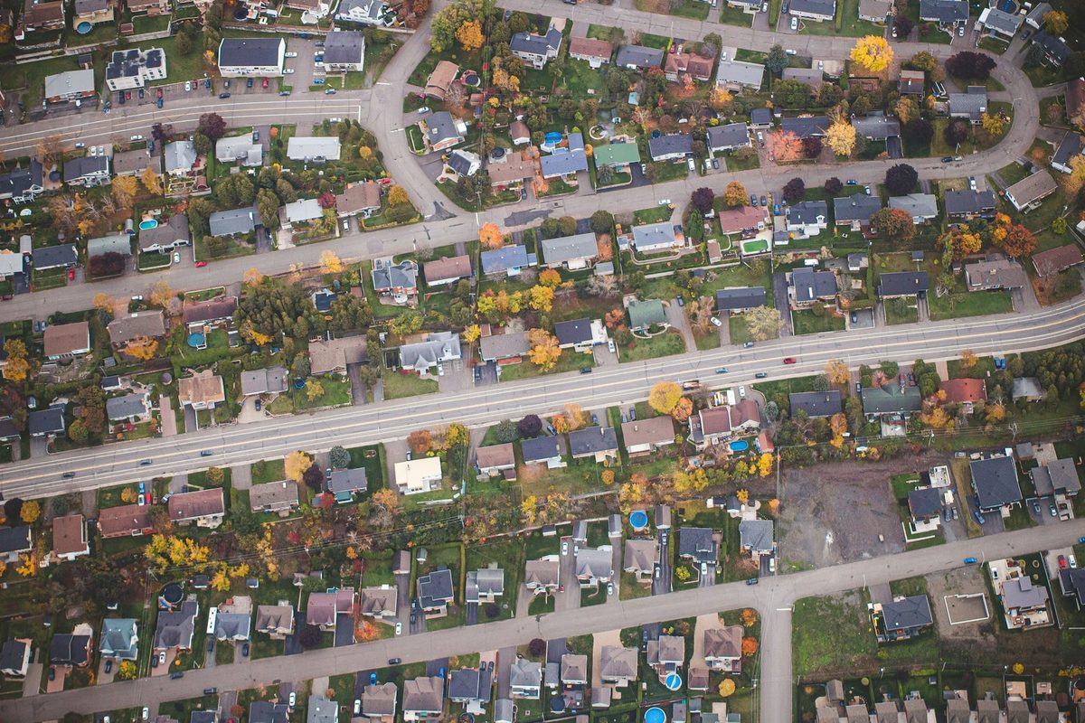 Aerial view of residential neighborhood in Mountain View with tree-lined streets