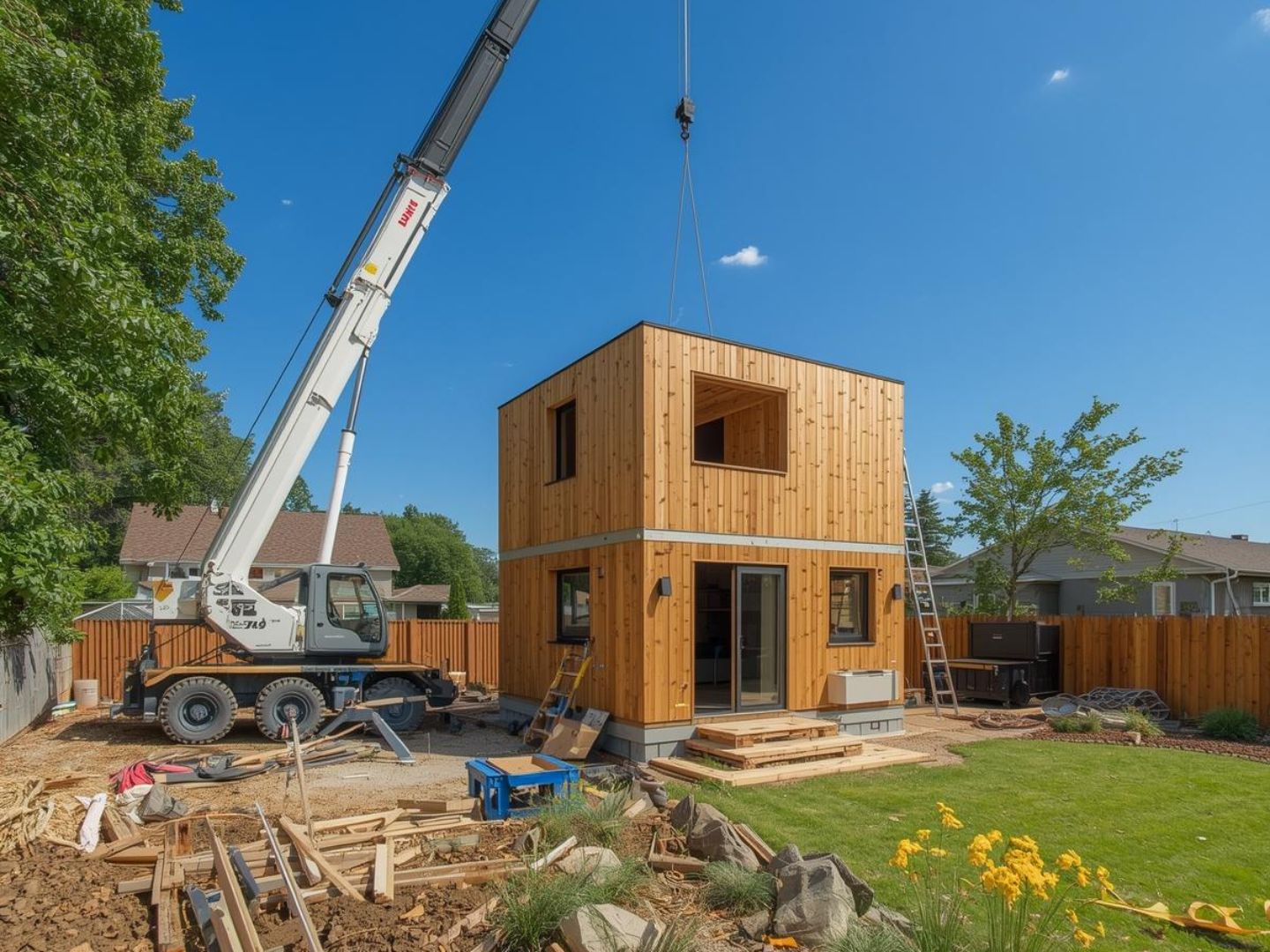 ADU construction in progress with crane lifting modular components in residential backyard