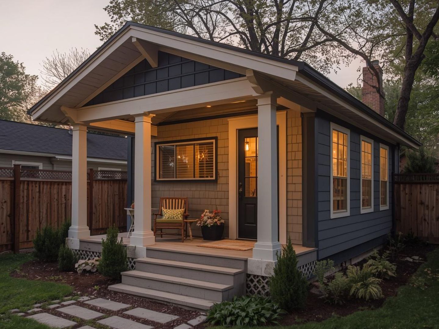 Completed detached ADU with craftsman-style exterior and covered porch